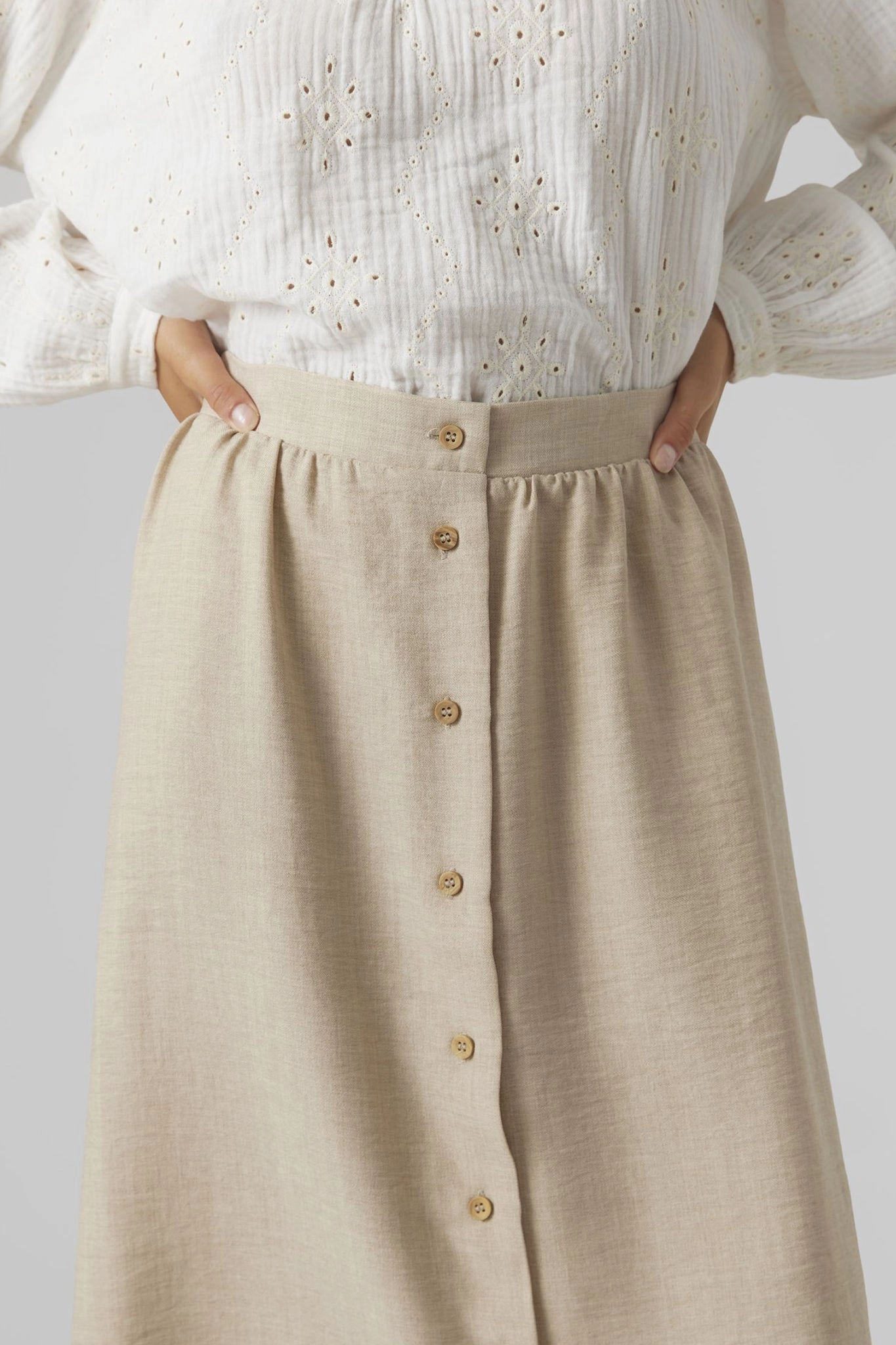 Melaney High Waisted Beige Button Skirt