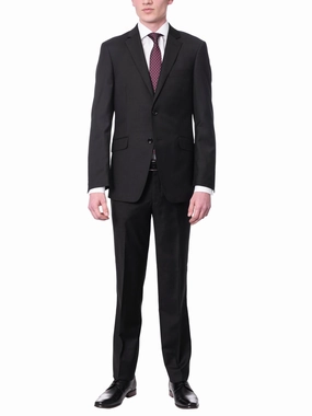 Men's Euro Slim Fit Solid Black Two Button 2 Piece 100% Wool Suit