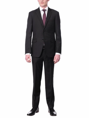 Men's Euro Slim Fit Solid Black Two Button 2 Piece 100% Wool Suit