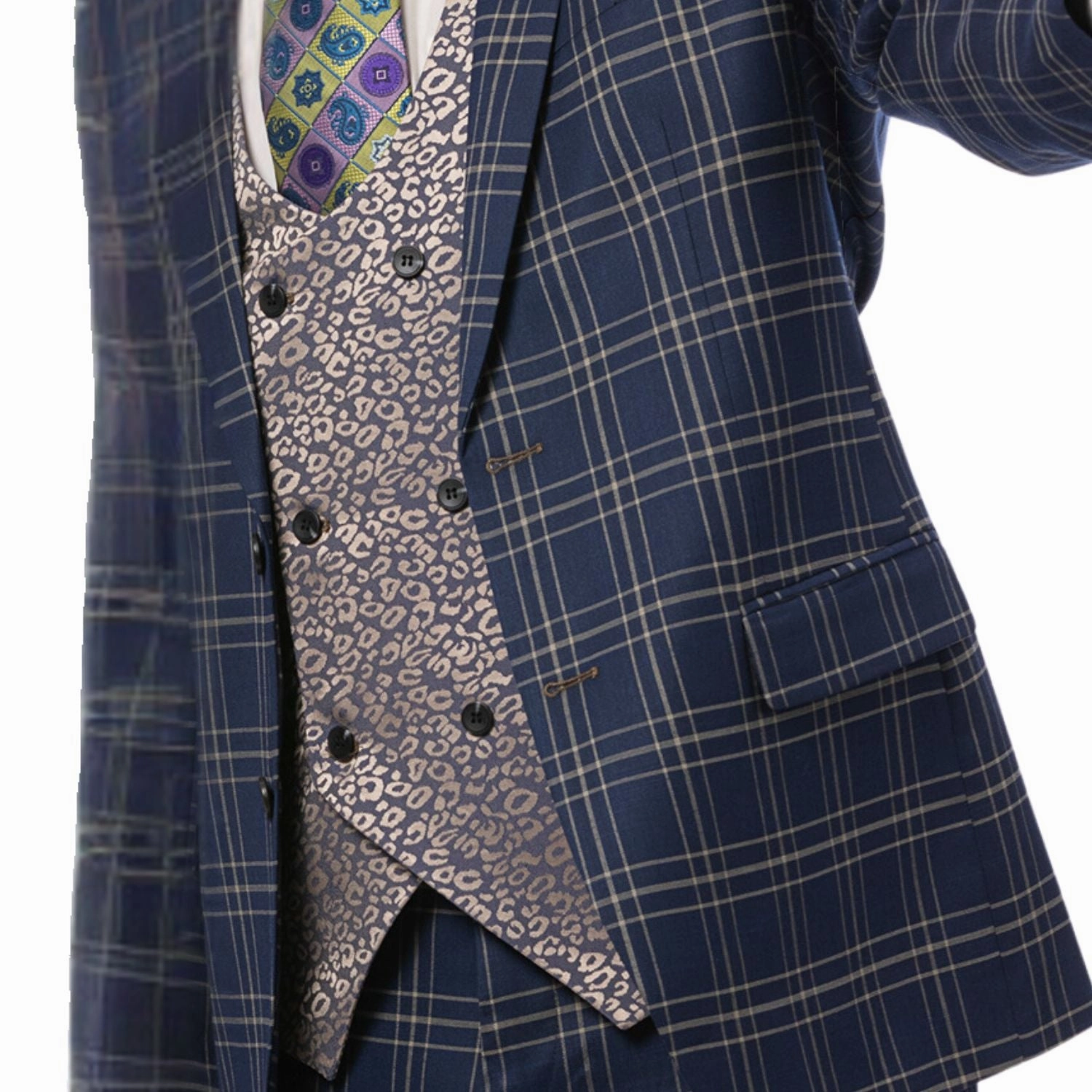 Men's Navy Blue Plaid Double-Breasted Suit