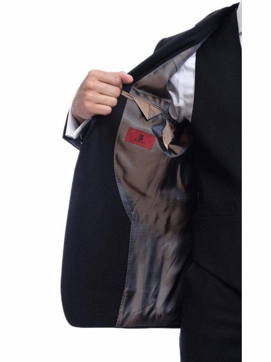 Men's Raphael Classic Fit Solid Black Two Button 3 Piece 100% Wool Vested Suit