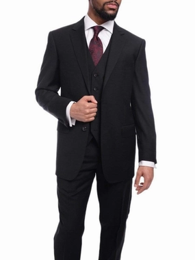 Men's Raphael Classic Fit Solid Black Two Button 3 Piece 100% Wool Vested Suit