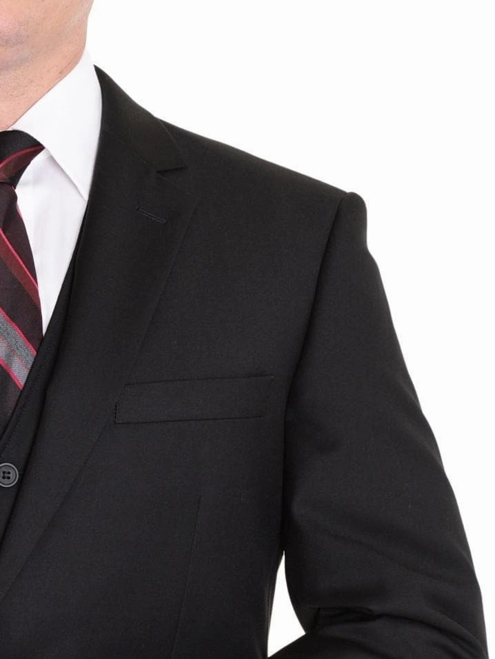 Men's Raphael Classic Fit Solid Black Two Button 3 Piece 100% Wool Vested Suit