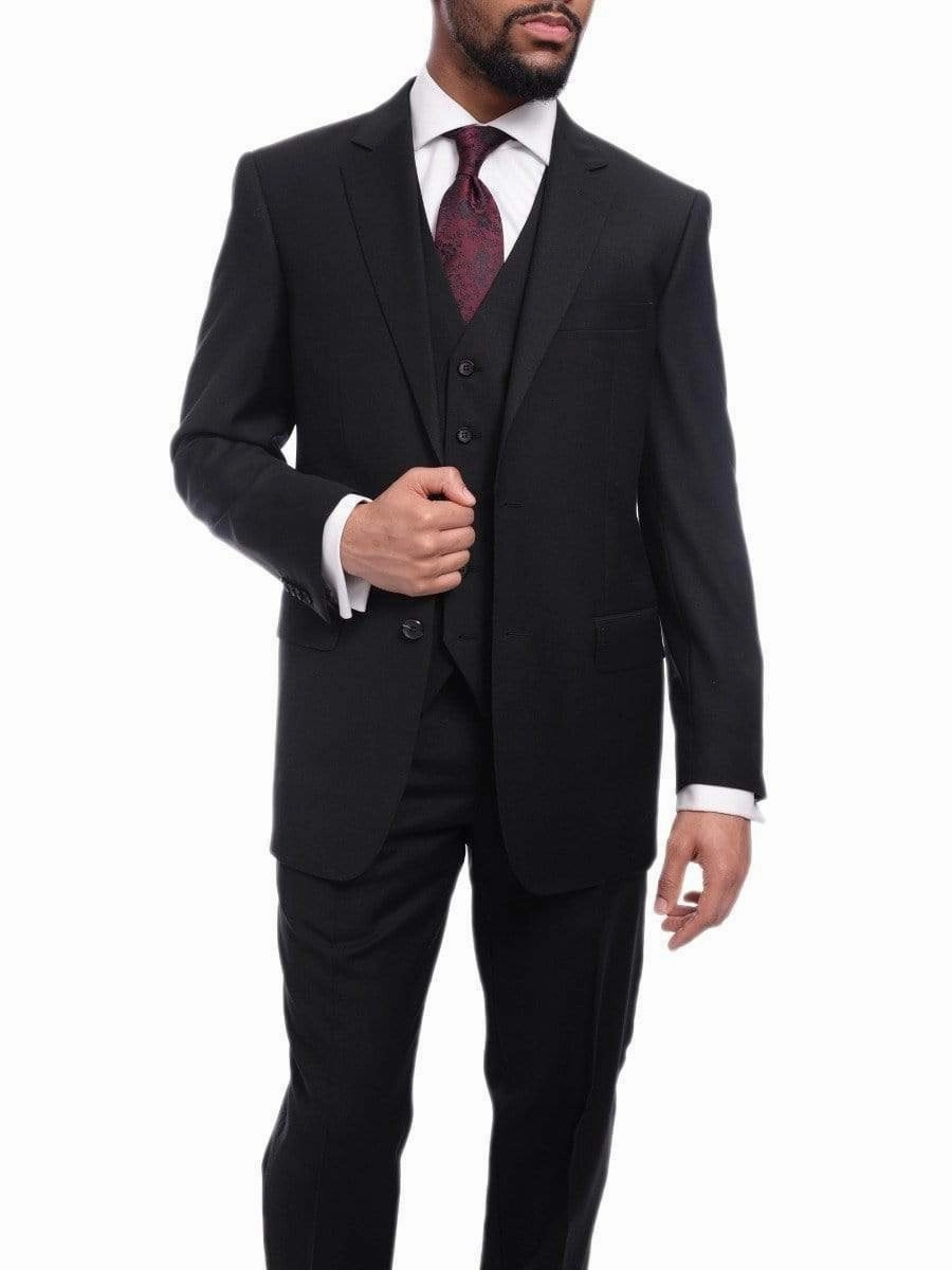 Men's Raphael Classic Fit Solid Black Two Button 3 Piece 100% Wool Vested Suit