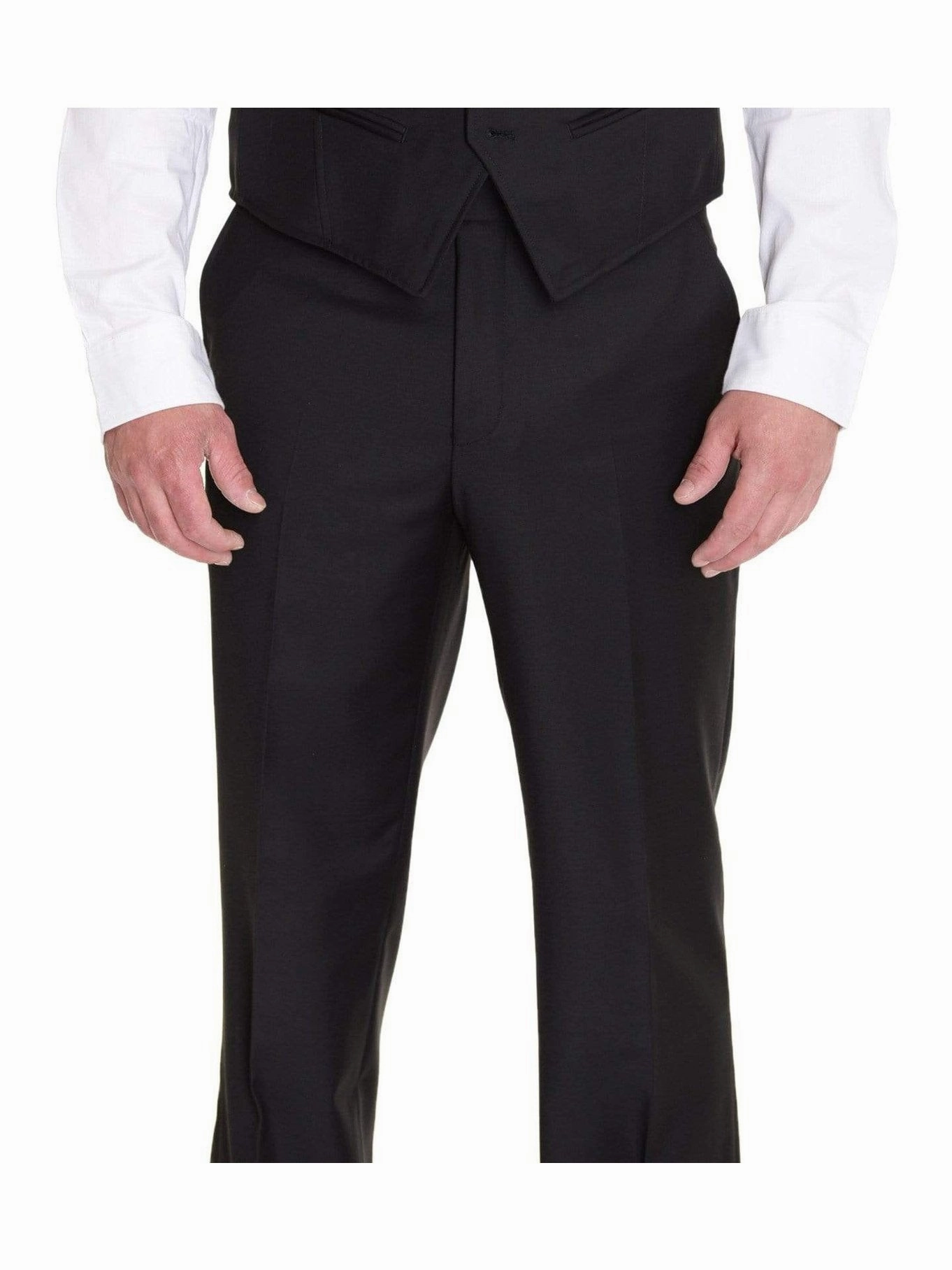 Men's Raphael Classic Fit Solid Black Two Button 3 Piece 100% Wool Vested Suit
