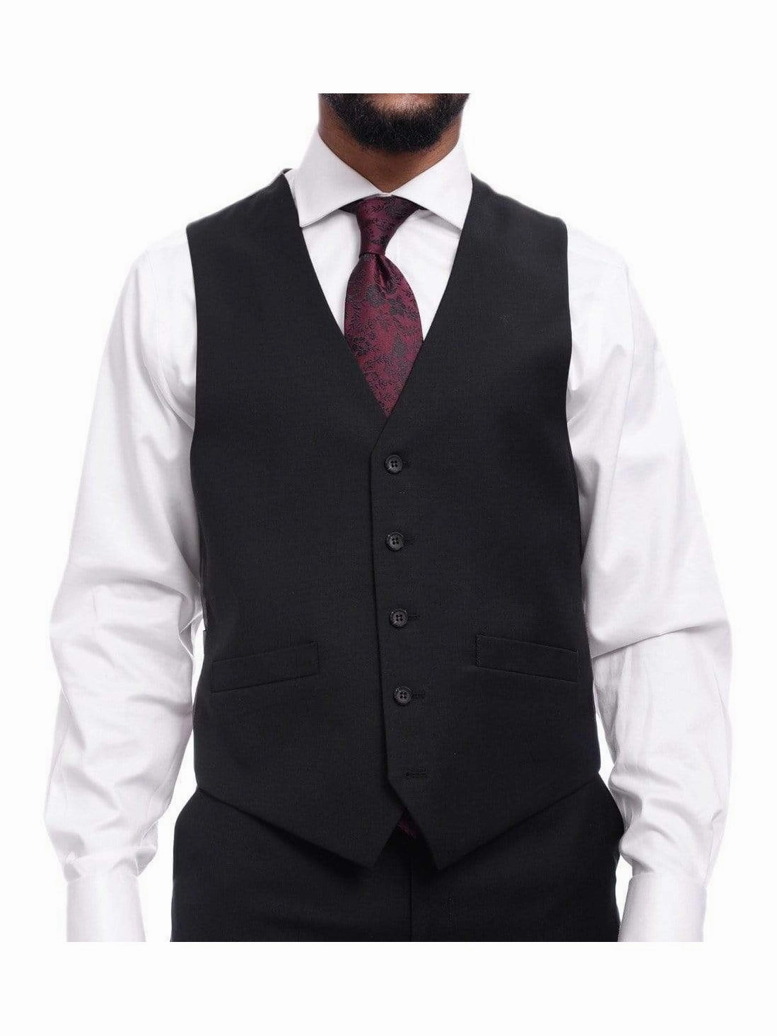 Men's Raphael Classic Fit Solid Black Two Button 3 Piece 100% Wool Vested Suit
