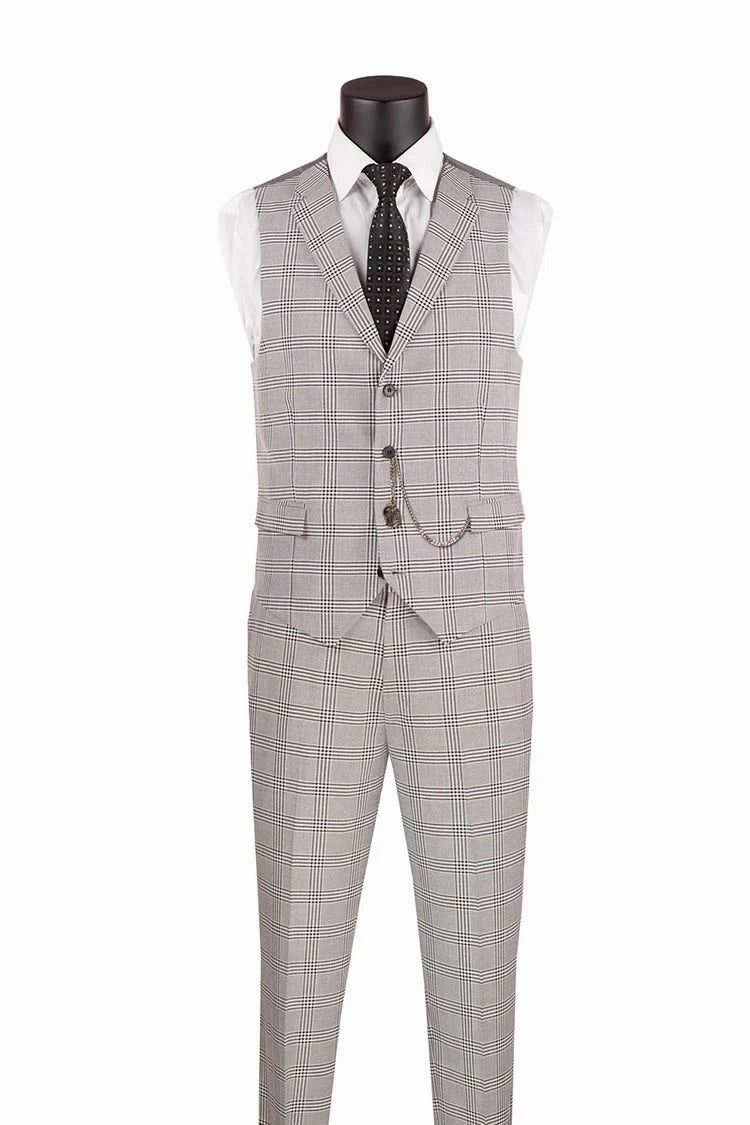 Men's Single Breasted Slim Fit Windowpane 3-Piece Suit in Grey