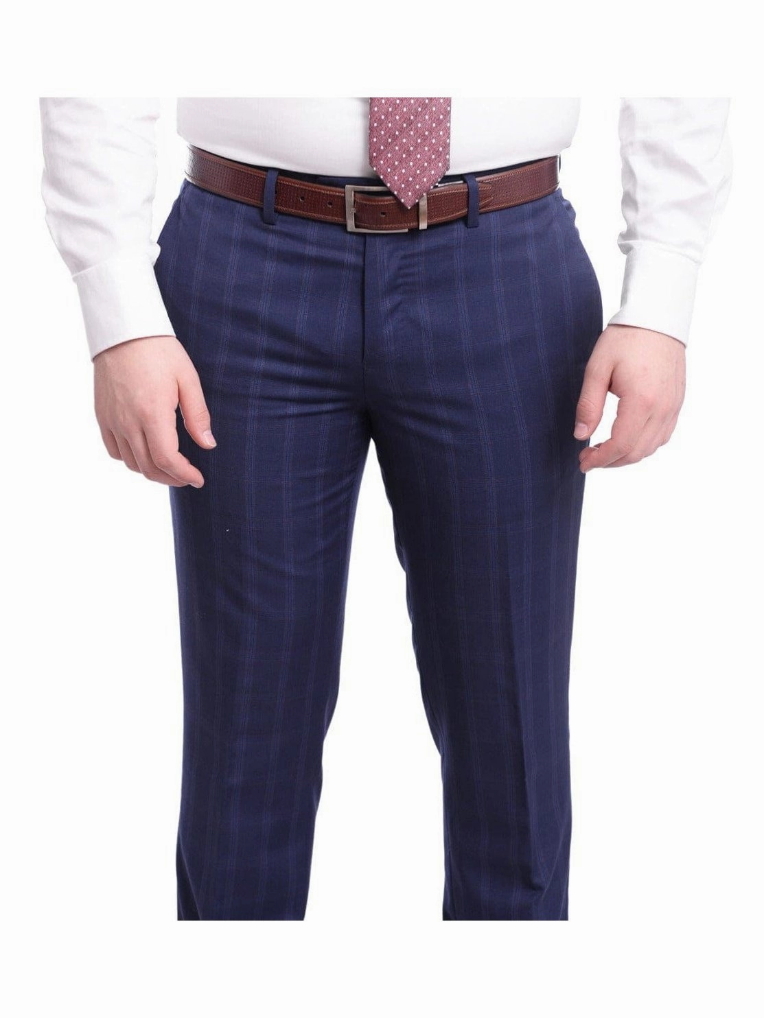 Mens Slim Fit Navy Blue With Blue & Maroon Windowpane Two Button Wool Suit