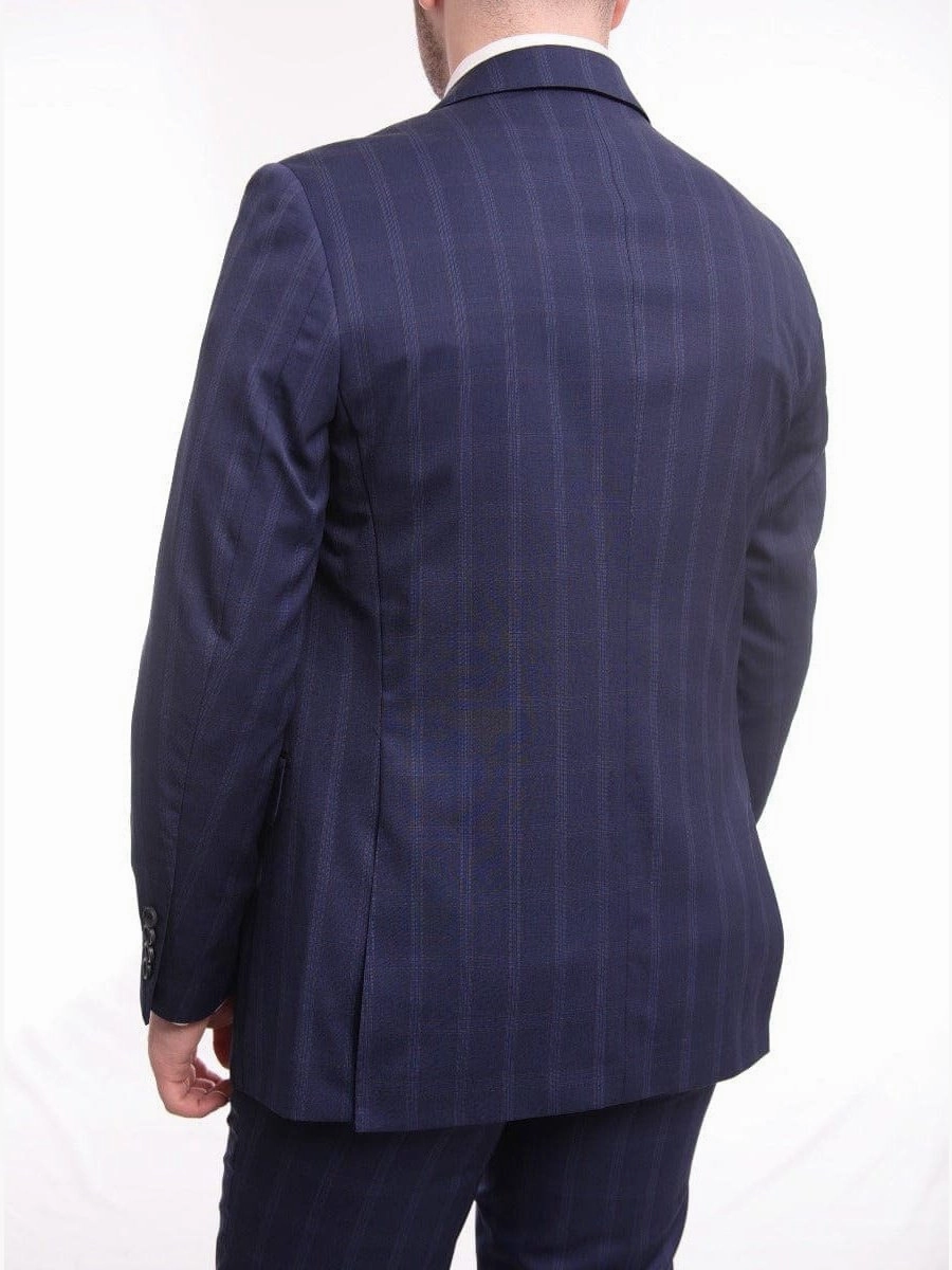 Mens Slim Fit Navy Blue With Blue & Maroon Windowpane Two Button Wool Suit