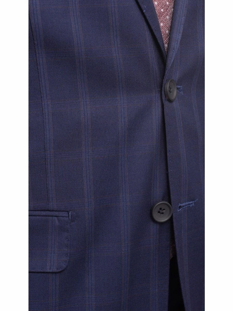 Mens Slim Fit Navy Blue With Blue & Maroon Windowpane Two Button Wool Suit