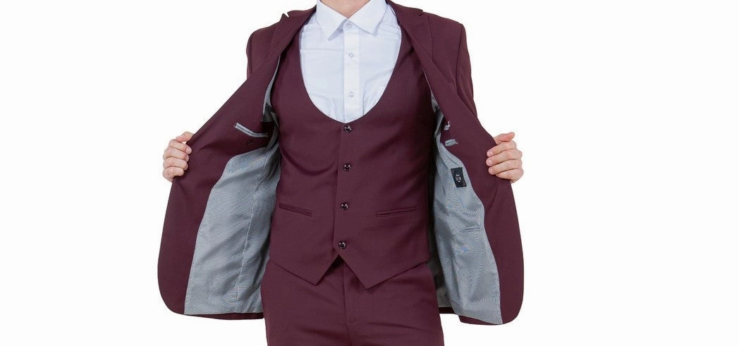 Midas Collection: Ultra Slim Three-Piece Suit with Peak Lapel in Burgundy