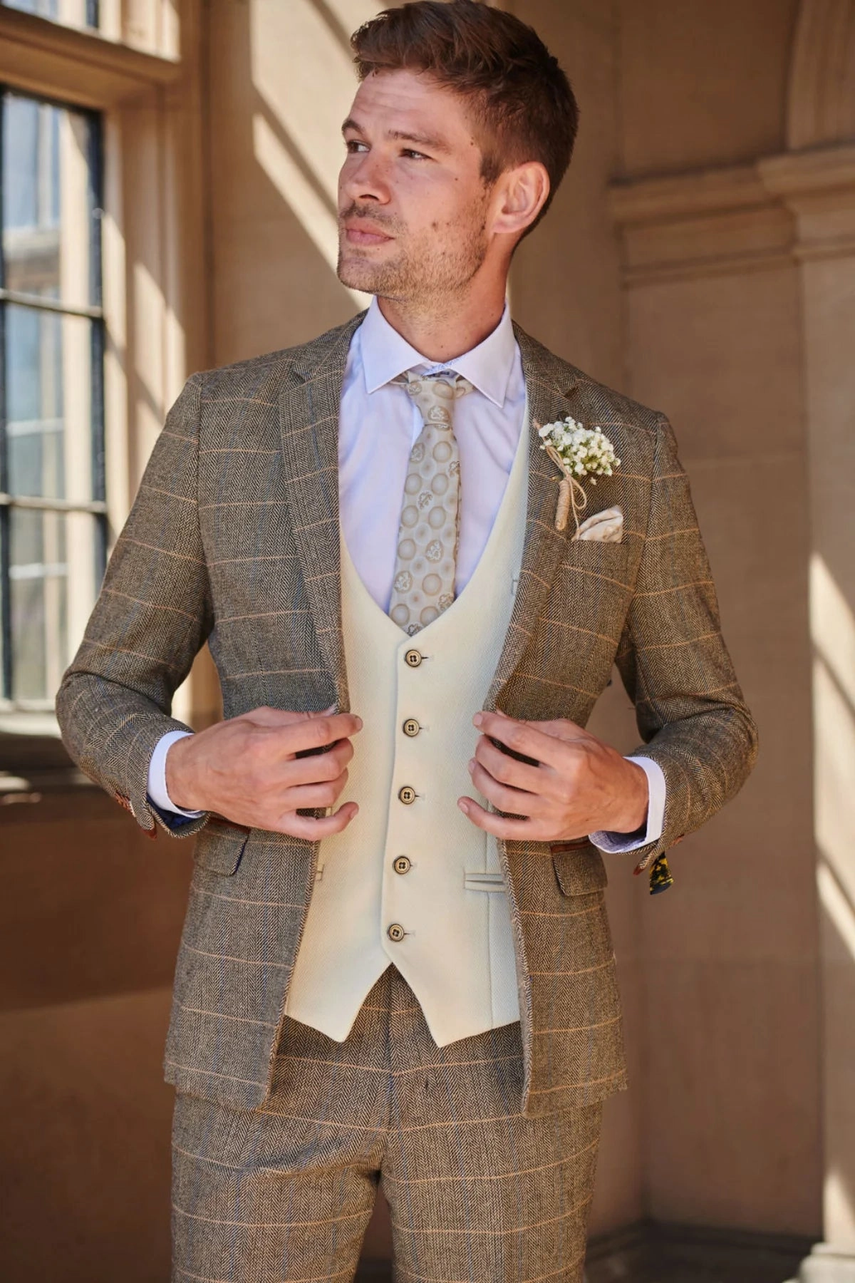 Mix and match - 3-piece Men's Suit Herringbone Brown/Cream