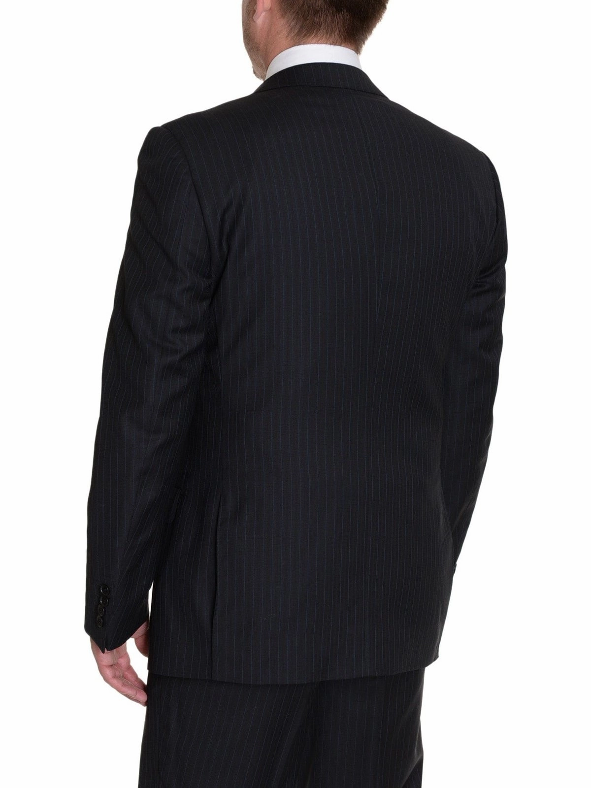 Modern Fit Black Pinstriped Two Button Wool Suit (42L 36W)