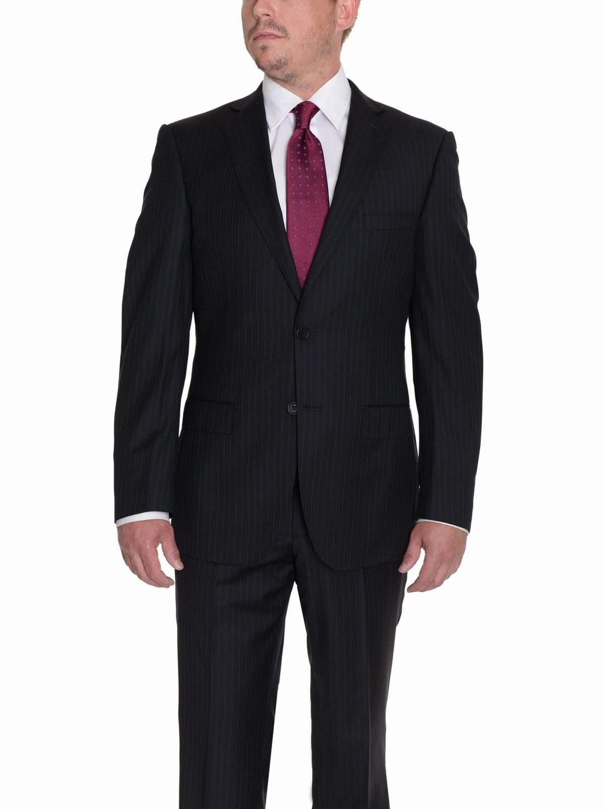 Modern Fit Black Pinstriped Two Button Wool Suit (42L 36W)