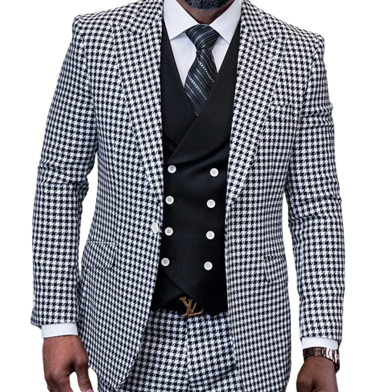 Monarch Majesty Black Plaid 3-Piece Suit with Contrast Double-Breasted Vest - Modern Fit