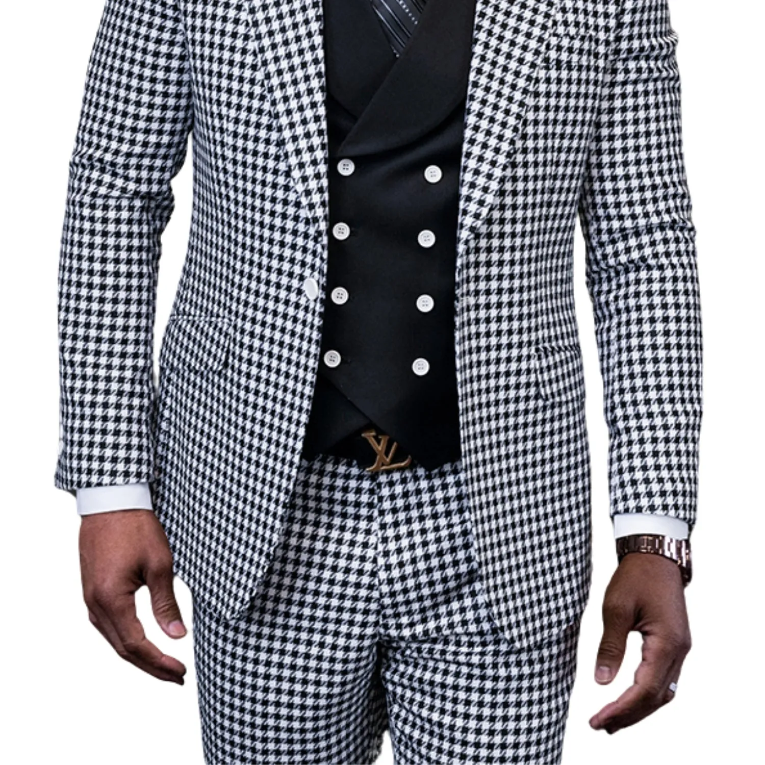 Monarch Majesty Black Plaid 3-Piece Suit with Contrast Double-Breasted Vest - Modern Fit