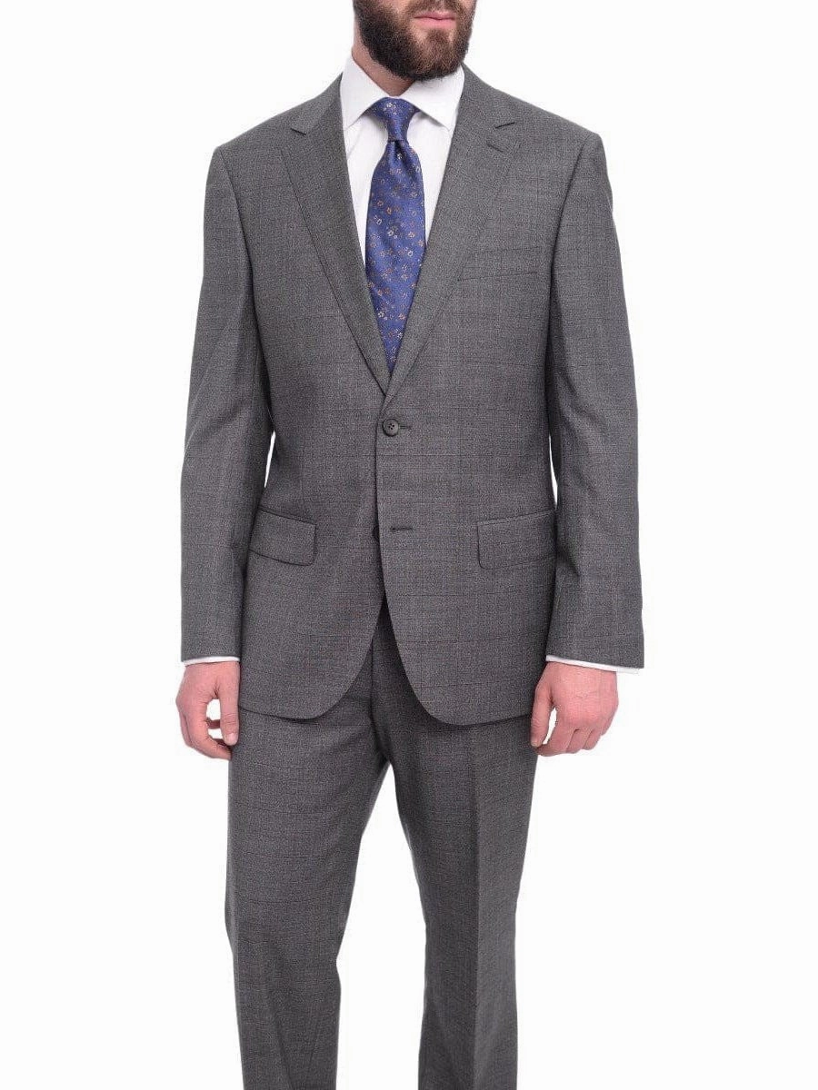 Napoli Classic Fit Gray With Blue & Purple Glen Plaid Half Canvassed Wool Suit