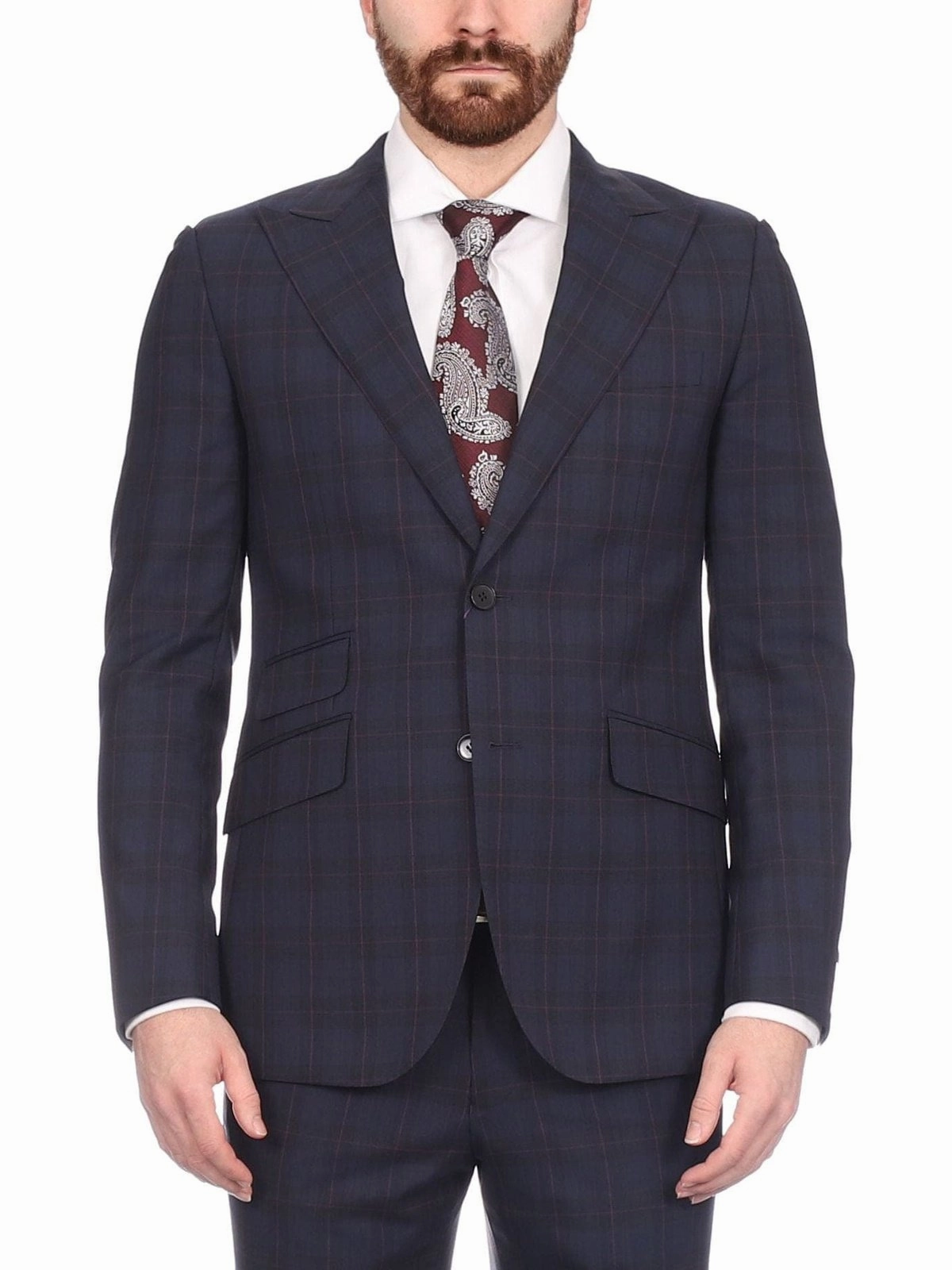 Napoli Mens Navy & Purple Plaid 100% Wool Slim Fit Suit With Peak Lapels