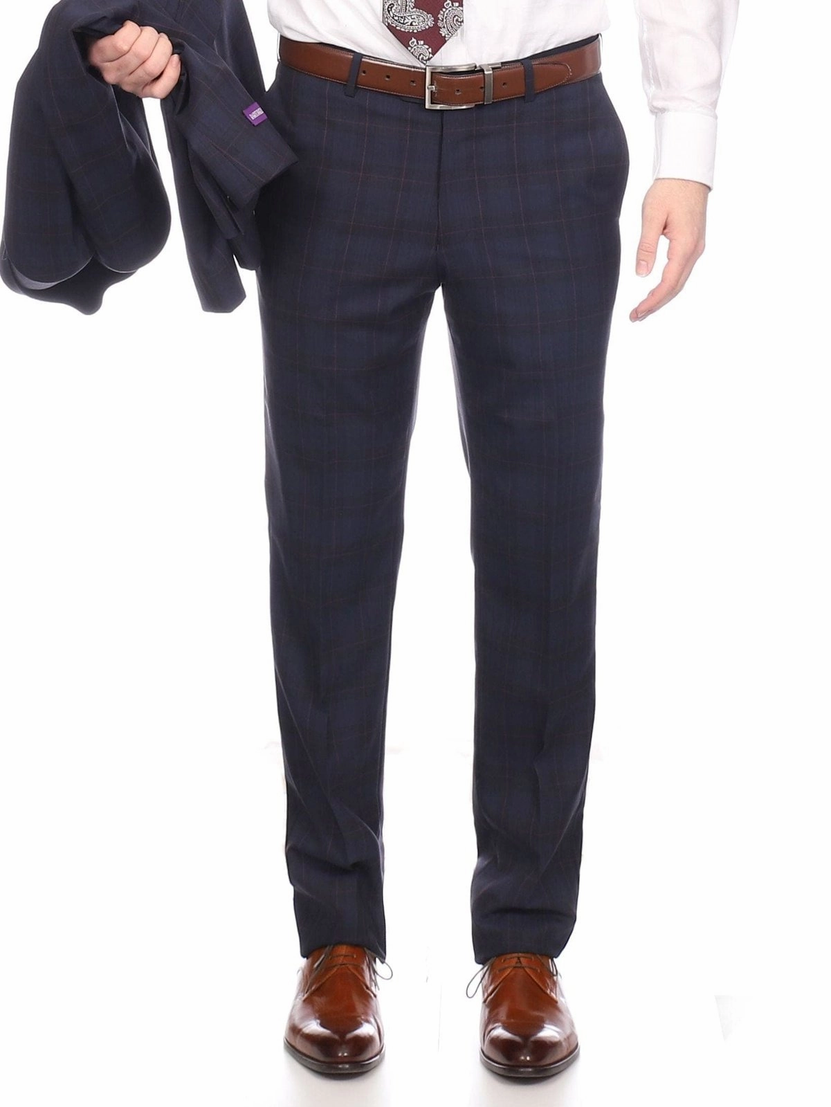 Napoli Mens Navy & Purple Plaid 100% Wool Slim Fit Suit With Peak Lapels