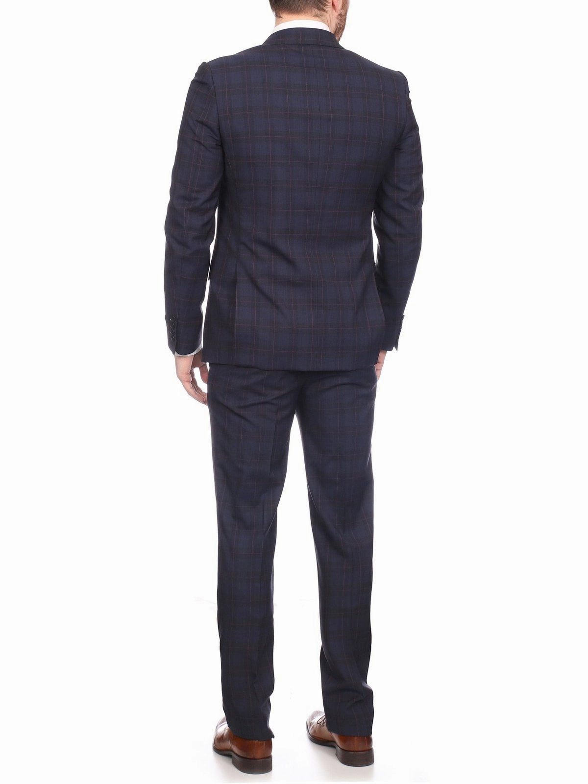 Napoli Mens Navy & Purple Plaid 100% Wool Slim Fit Suit With Peak Lapels