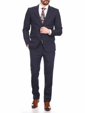 Napoli Mens Navy & Purple Plaid 100% Wool Slim Fit Suit With Peak Lapels