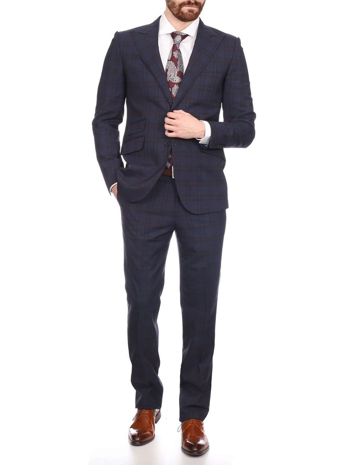 Napoli Mens Navy & Purple Plaid 100% Wool Slim Fit Suit With Peak Lapels