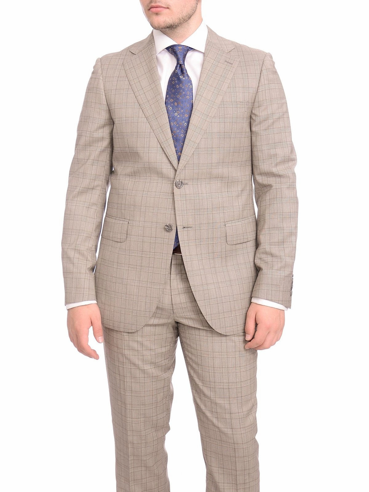 Napoli Slim Fit Light Brown Glen Plaid Half Canvassed Marzotto Wool Suit