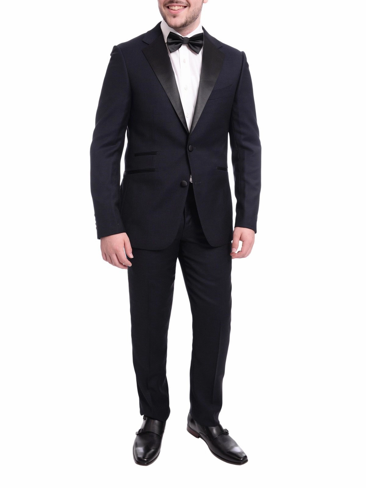 Napoli Slim Fit Navy Blue Check Two Button Wool Tuxedo Suit