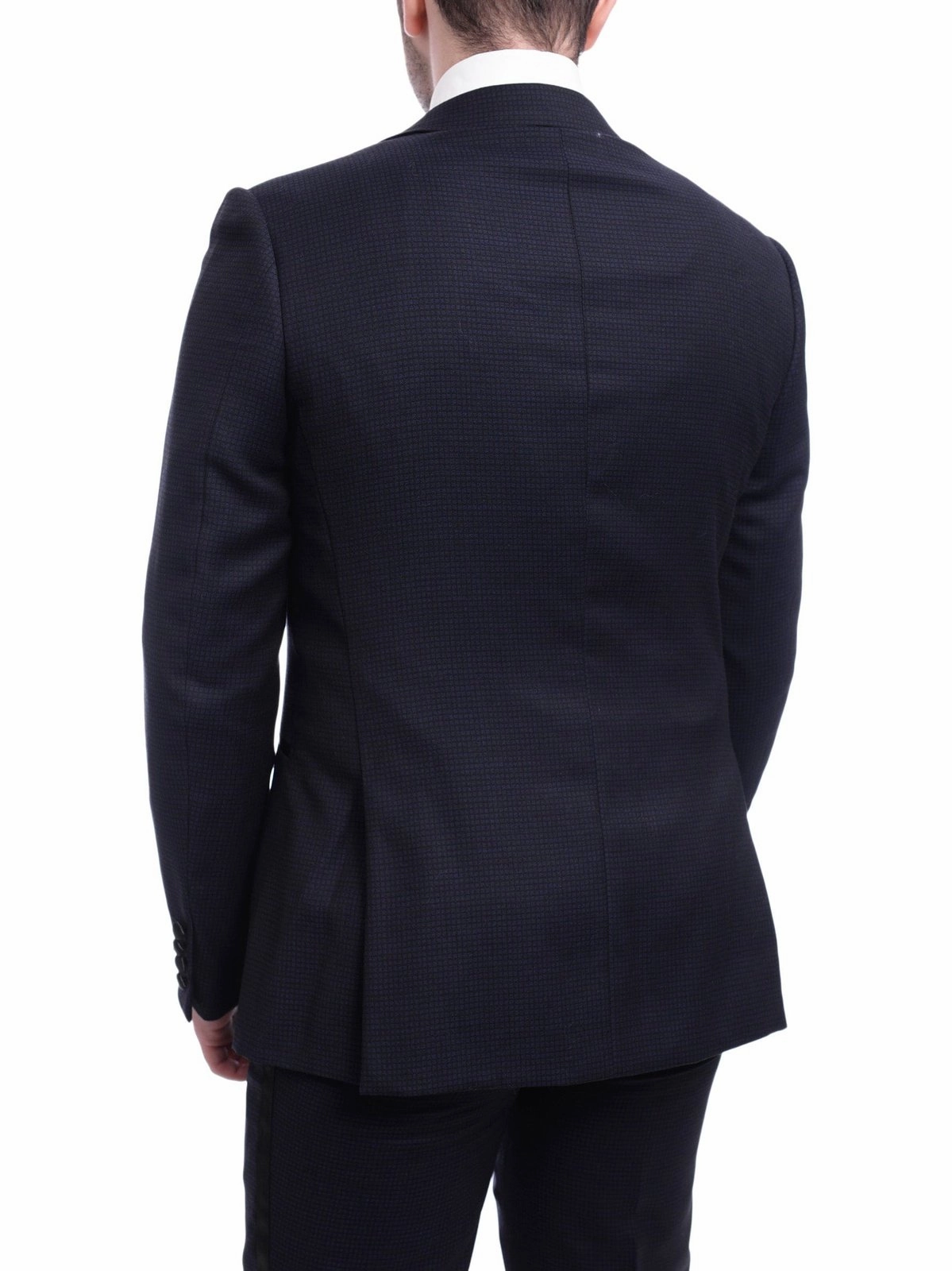 Napoli Slim Fit Navy Blue Check Two Button Wool Tuxedo Suit