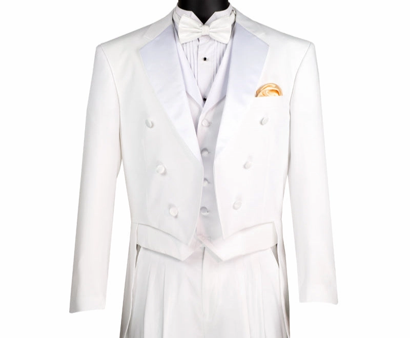 Nashira Collection: Regular Fit White Tuxedo with Tails – 3-Piece with Vest and Pleated Pants