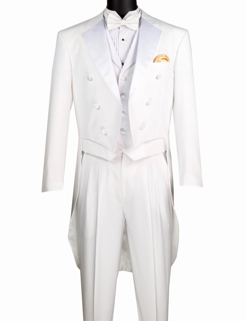Nashira Collection: Regular Fit White Tuxedo with Tails – 3-Piece with Vest and Pleated Pants