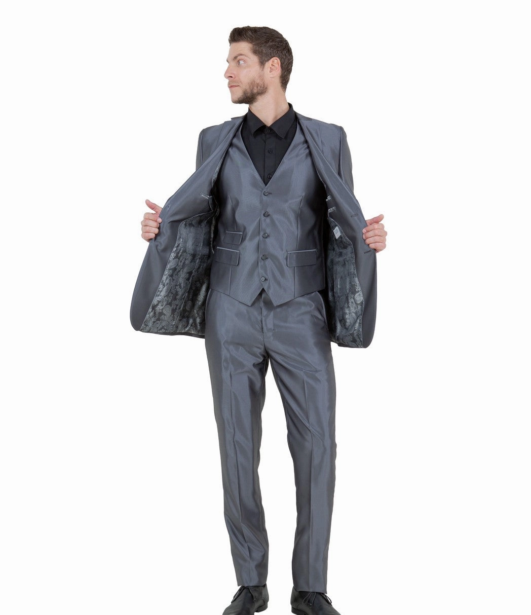 Odyssey Collection: Three-Piece Slim Fit Sharkskin Solid Suit in Dark Grey