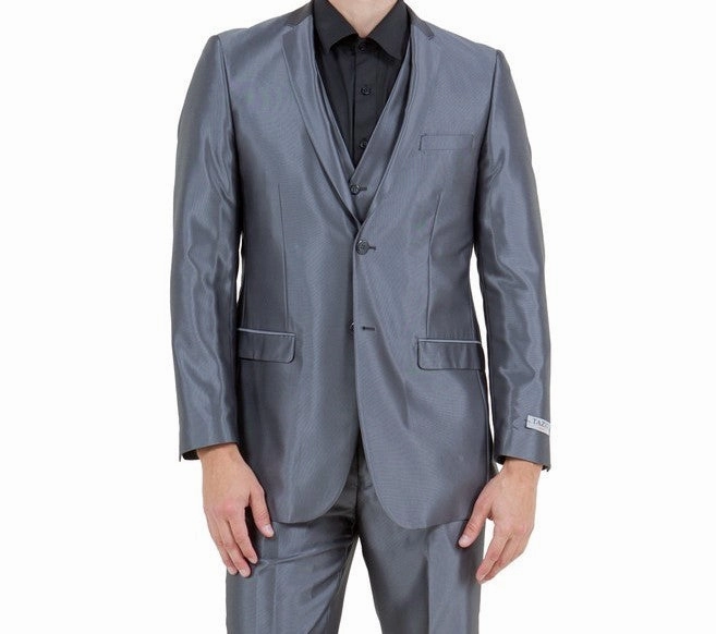 Odyssey Collection: Three-Piece Slim Fit Sharkskin Solid Suit in Dark Grey