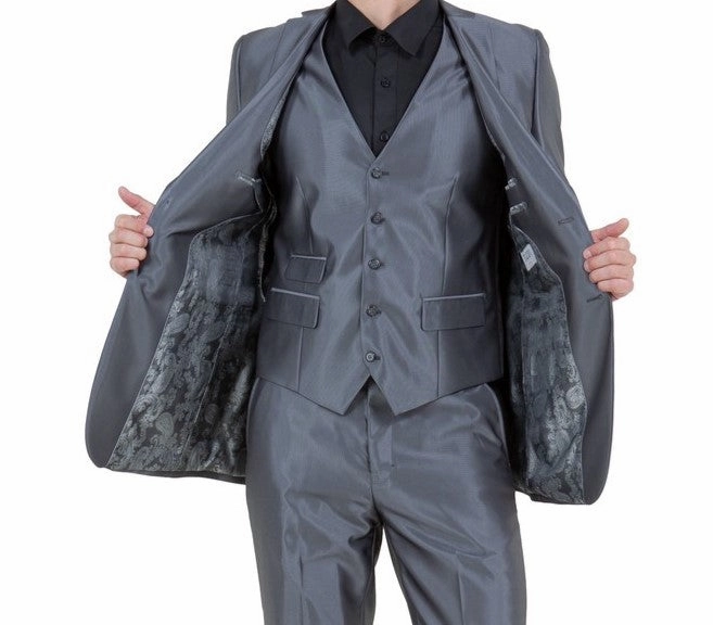 Odyssey Collection: Three-Piece Slim Fit Sharkskin Solid Suit in Dark Grey