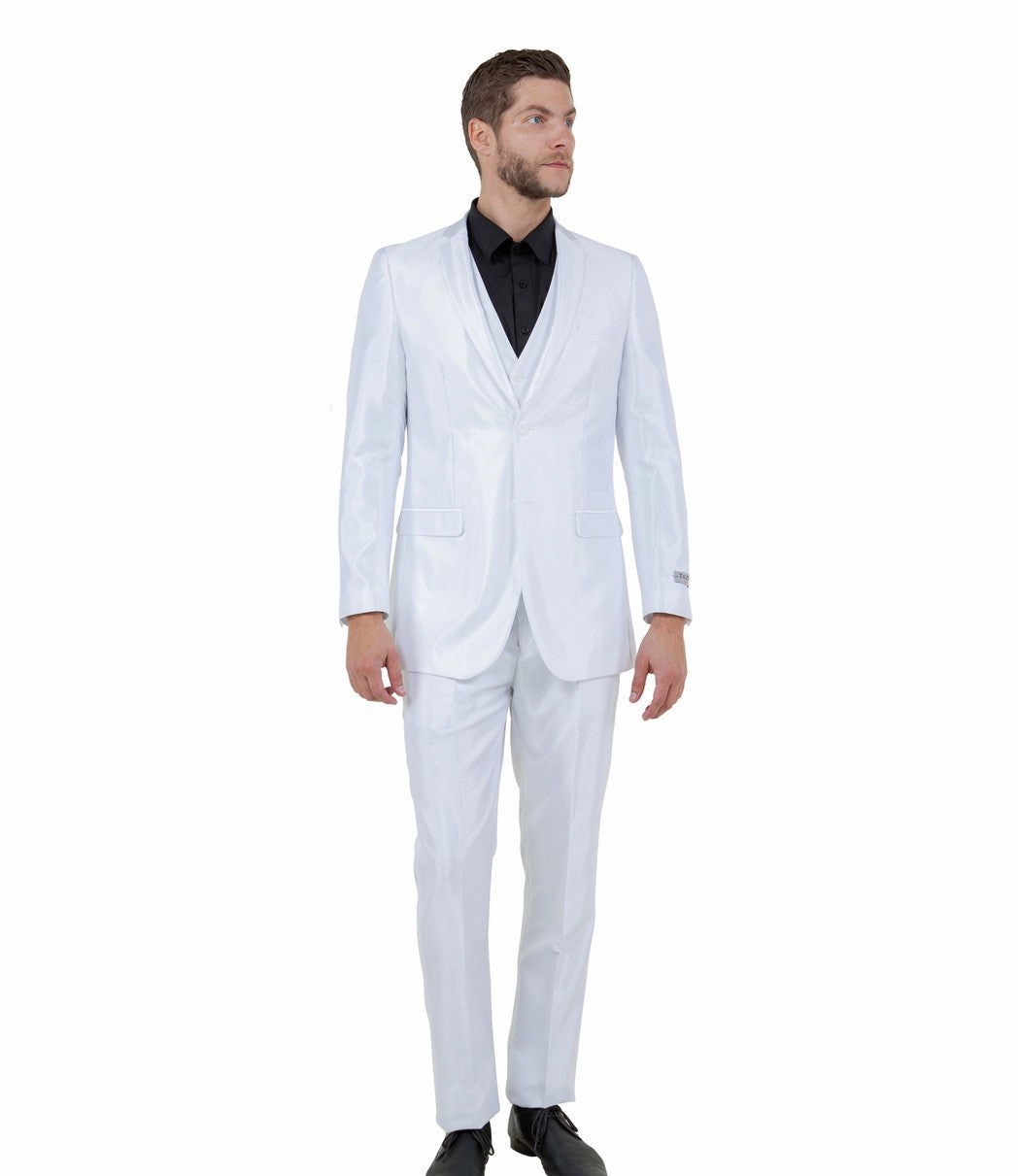 Odyssey Collection: Three-Piece Slim Fit Sharkskin Solid Suit in White