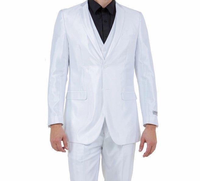Odyssey Collection: Three-Piece Slim Fit Sharkskin Solid Suit in White