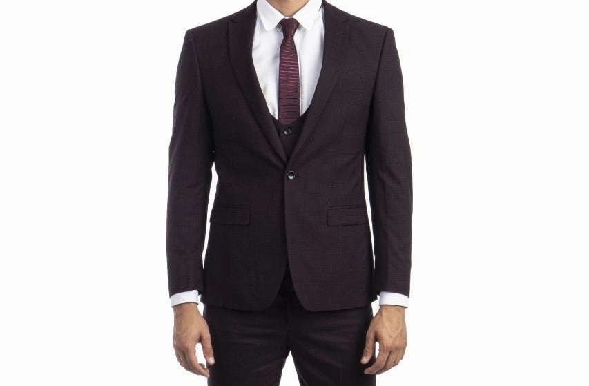 Olympus Lux Collection: Burgundy Glen Check Three-Piece Suit – Ultra Slim Fit