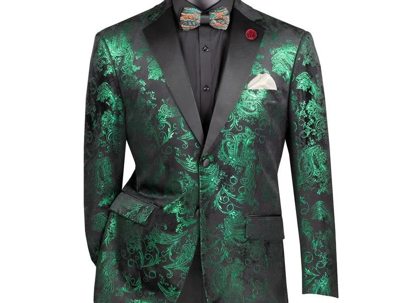 Orionis Collection: Emerald Paisley Embossed Satin Peak Lapel Velvet Blazer – Modern Fit