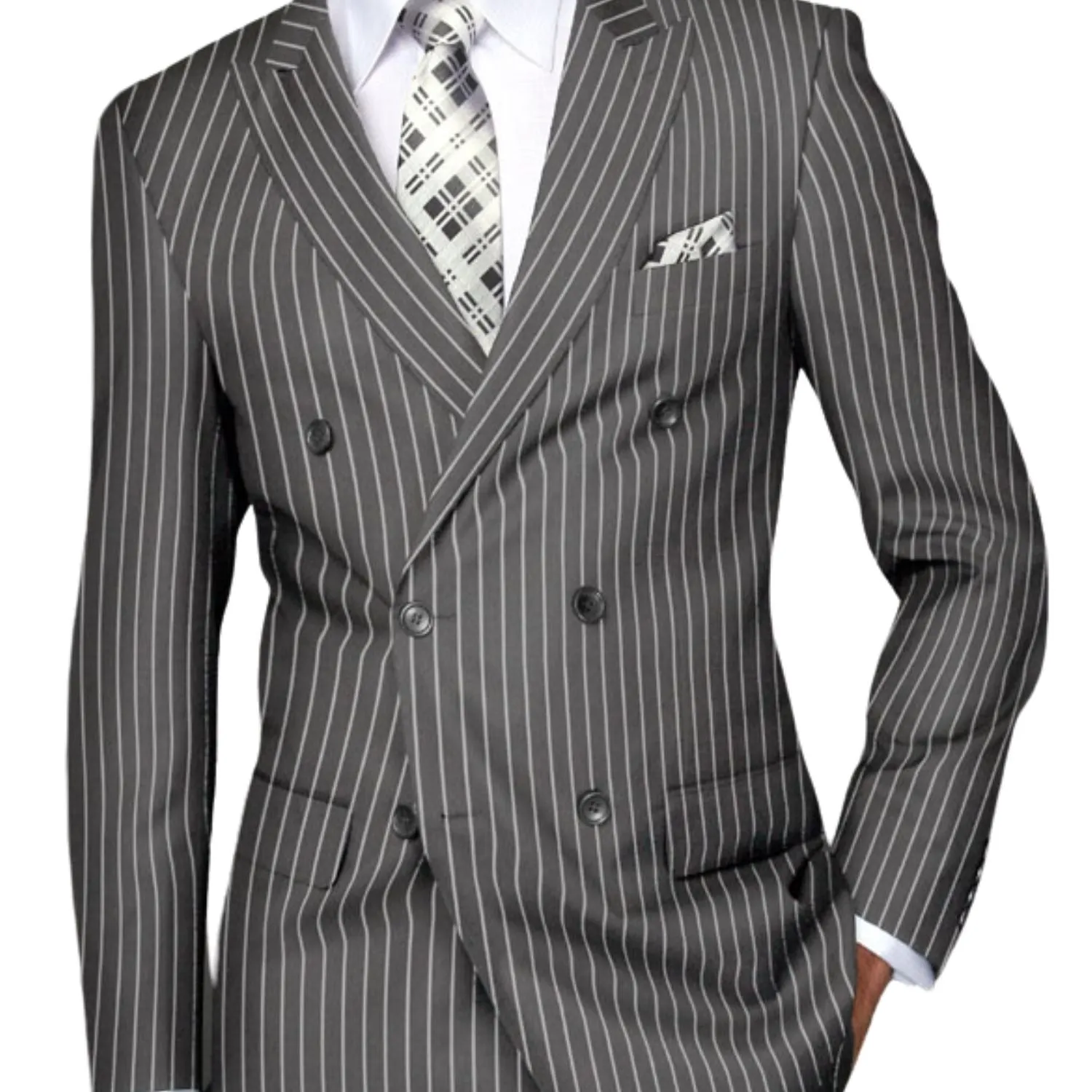 Orpheus Collection: Gray Pinstripe Double Breasted Suit, Super 180's Italian Wool, 2-Piece