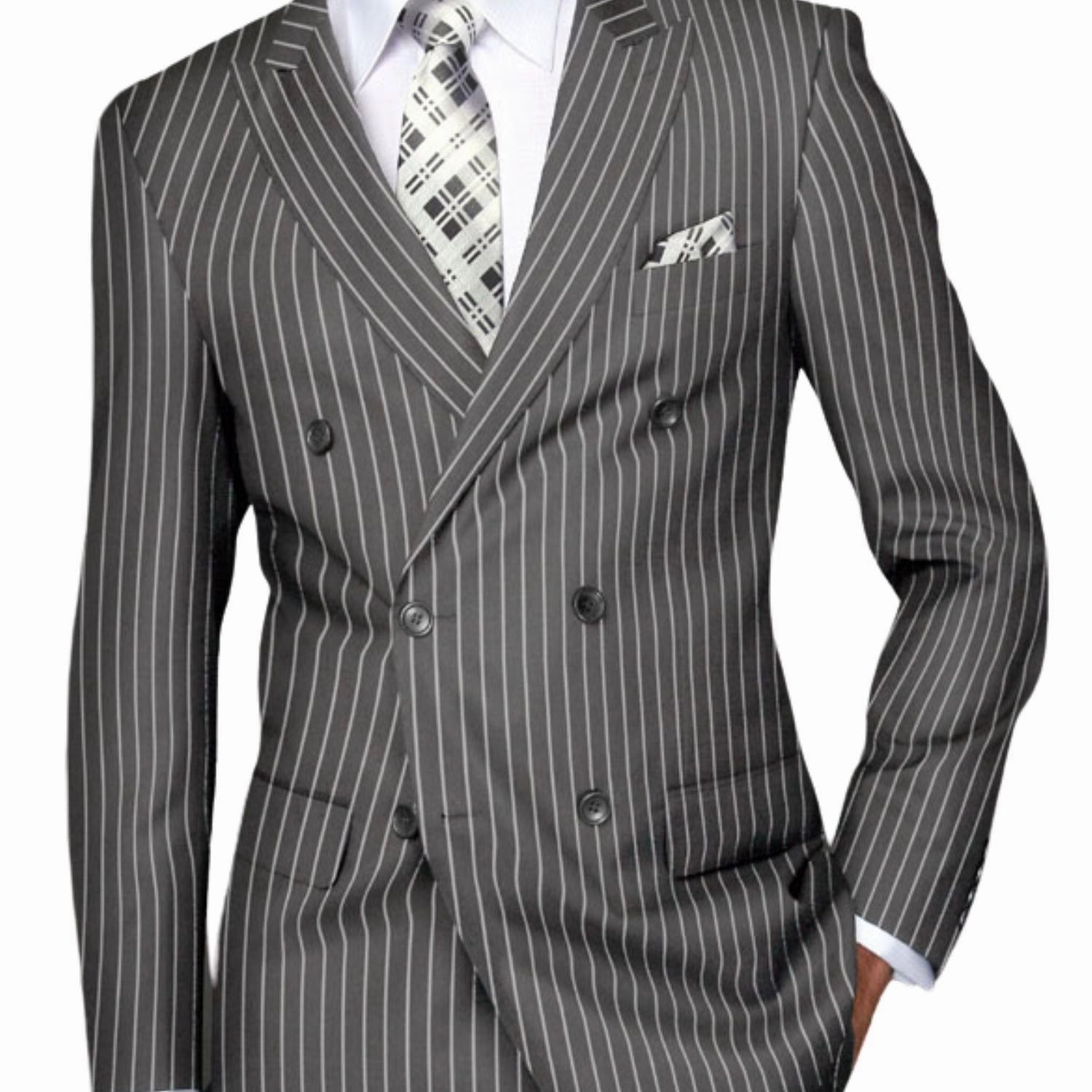 Orpheus Collection: Gray Pinstripe Double Breasted Suit, Super 180's Italian Wool, 2-Piece