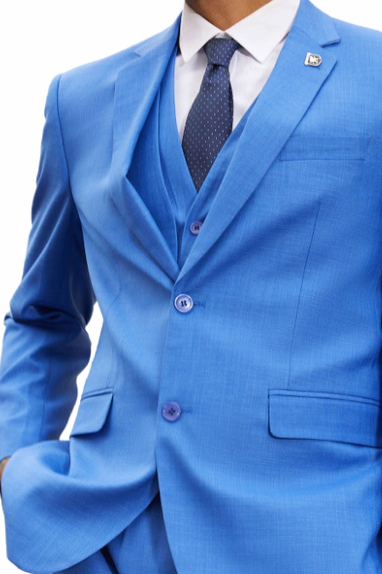 PoshPerry Collection: Men's 3 Piece Solid Textured Hybrid Fit Suit In Blue