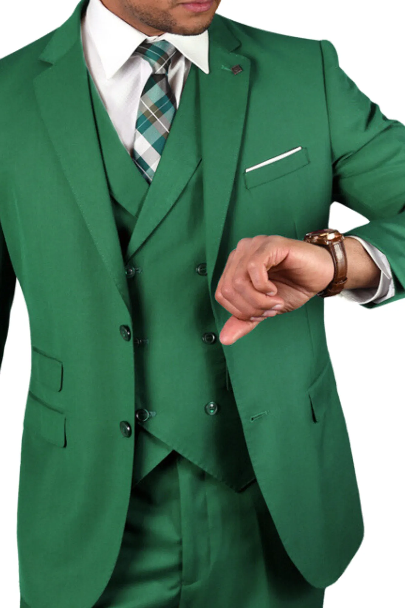 Qualitique Collection: Kelly Green 3PC Modern Fit Suit with Double Breasted Vest