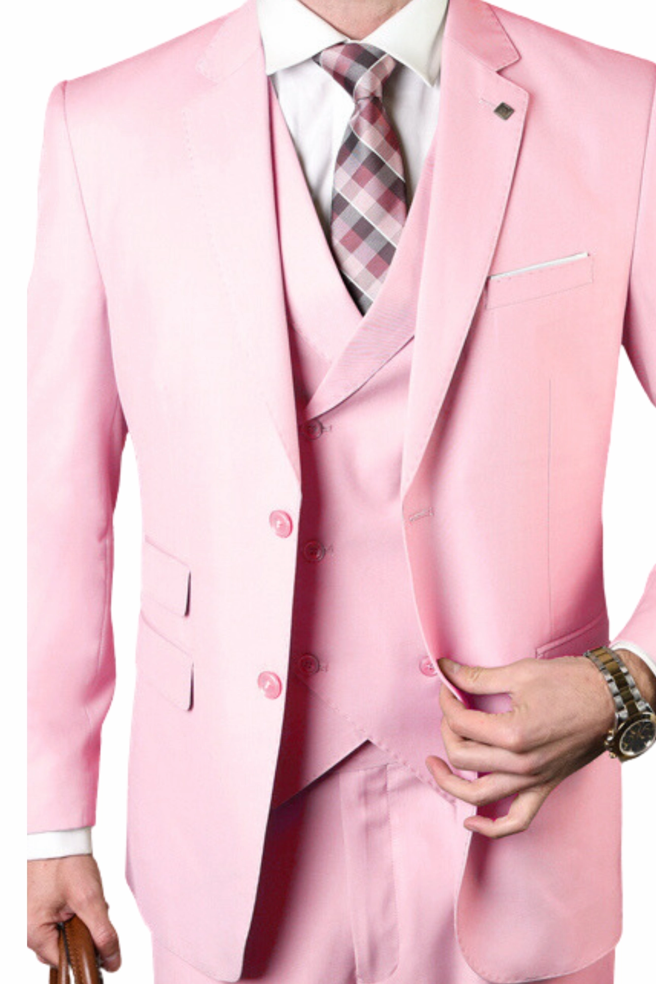 Qualitique Collection: Pink 3PC Modern Fit Suit with Double Breasted Vest