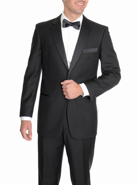 Raphael Slim Fit Solid Black Tuxedo Suit With Satin Stripe On Pant