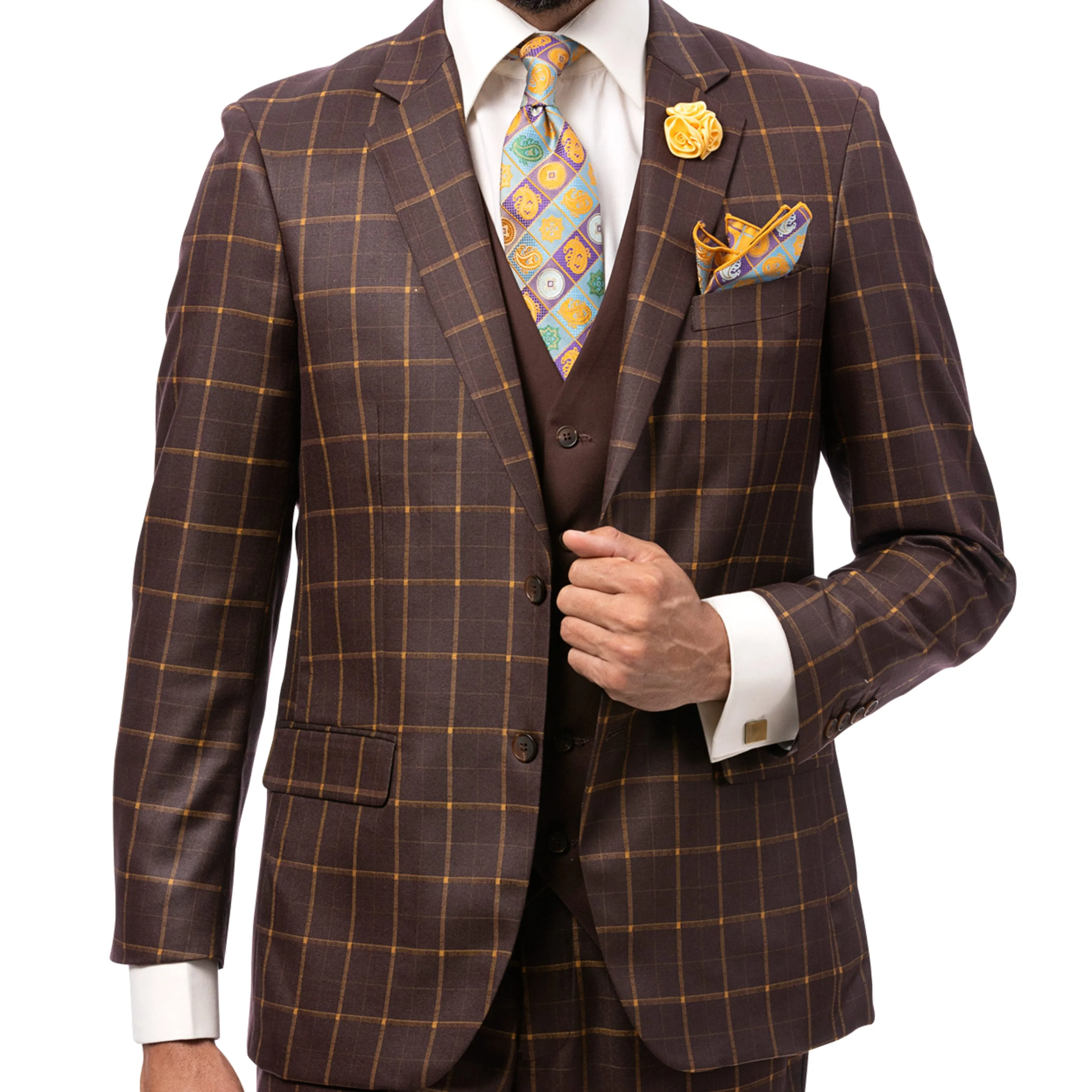 Refined Elegance Brown Plaid Three-Piece Suit