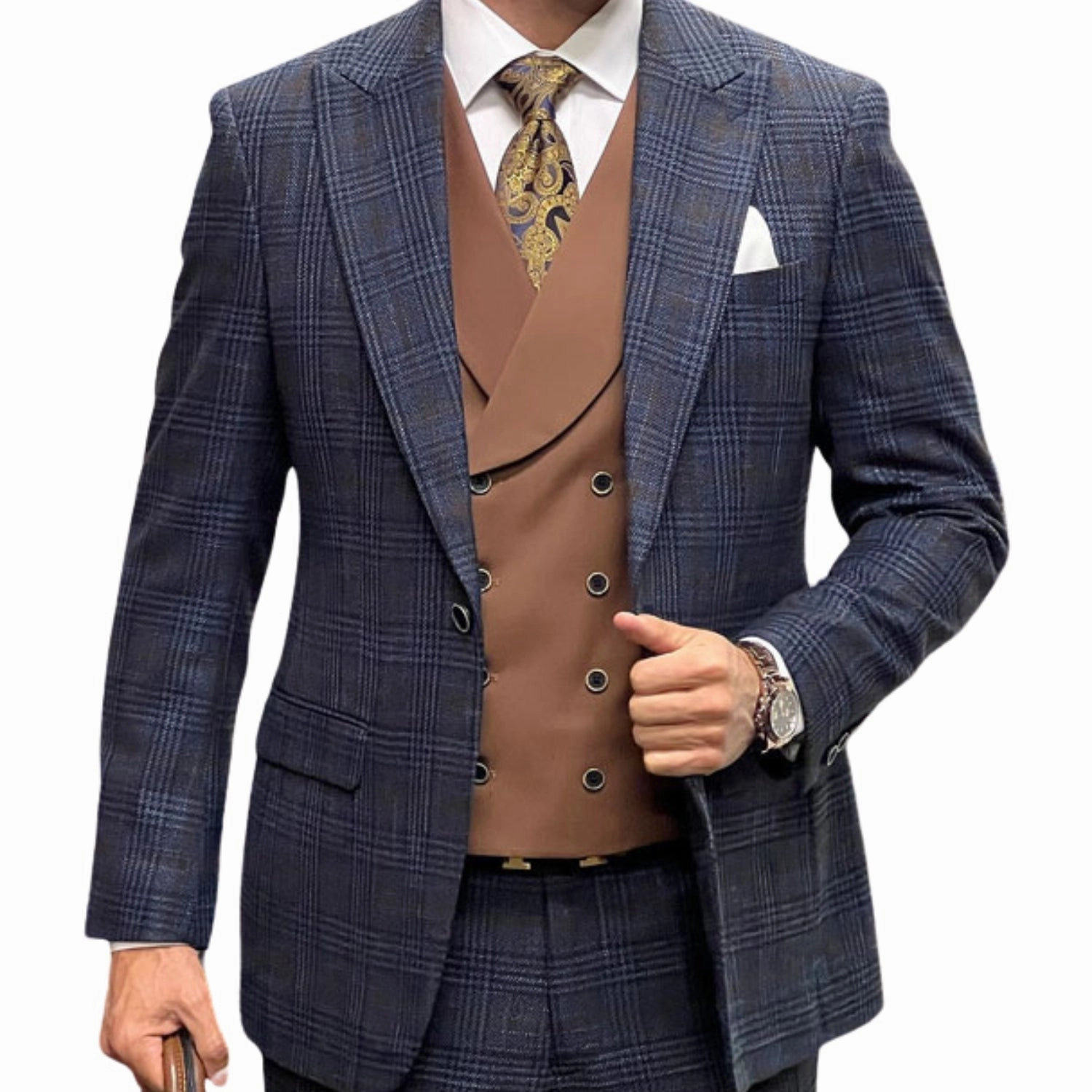 RegalRush Collection: Midnight Blue Plaid 3-Piece Suit with Double-Breasted Vest - Modern Fit