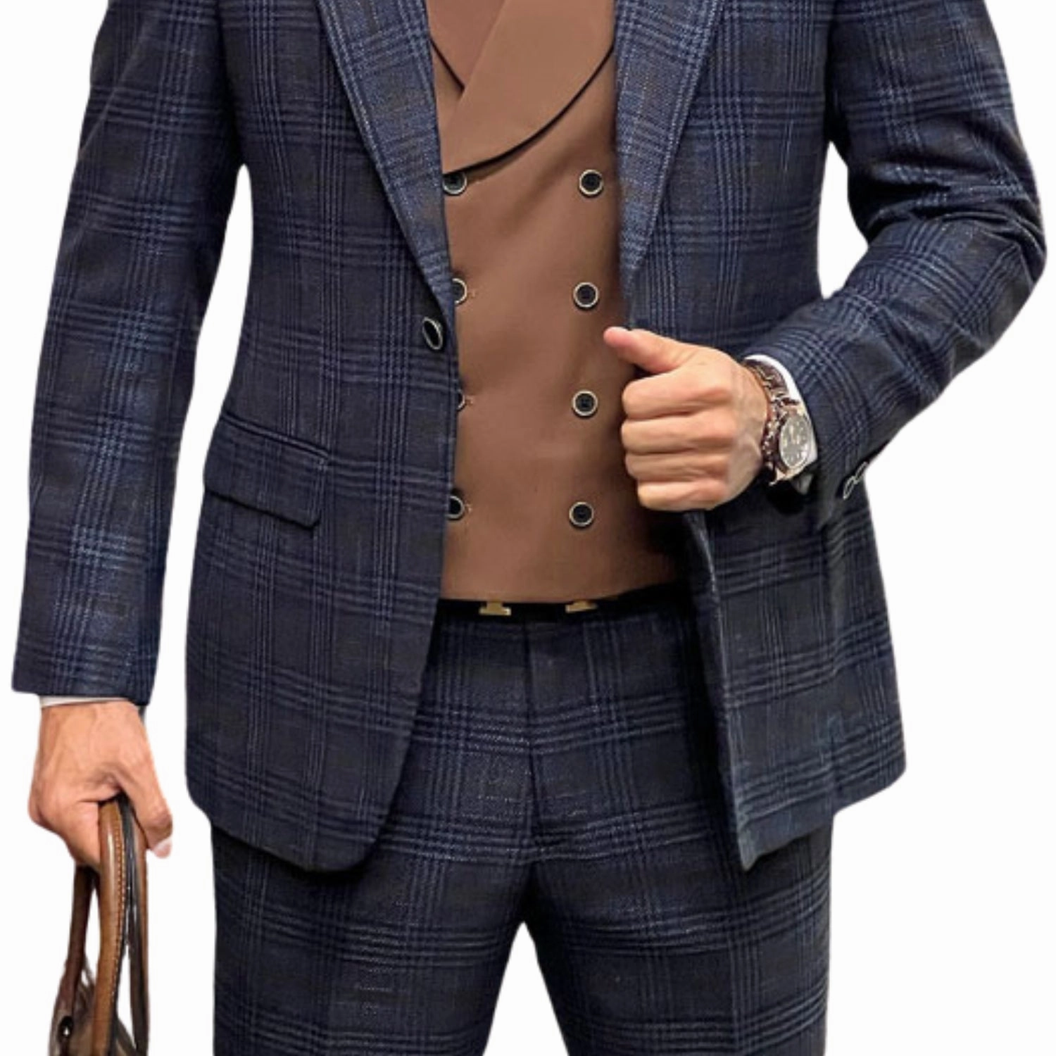 RegalRush Collection: Midnight Blue Plaid 3-Piece Suit with Double-Breasted Vest - Modern Fit