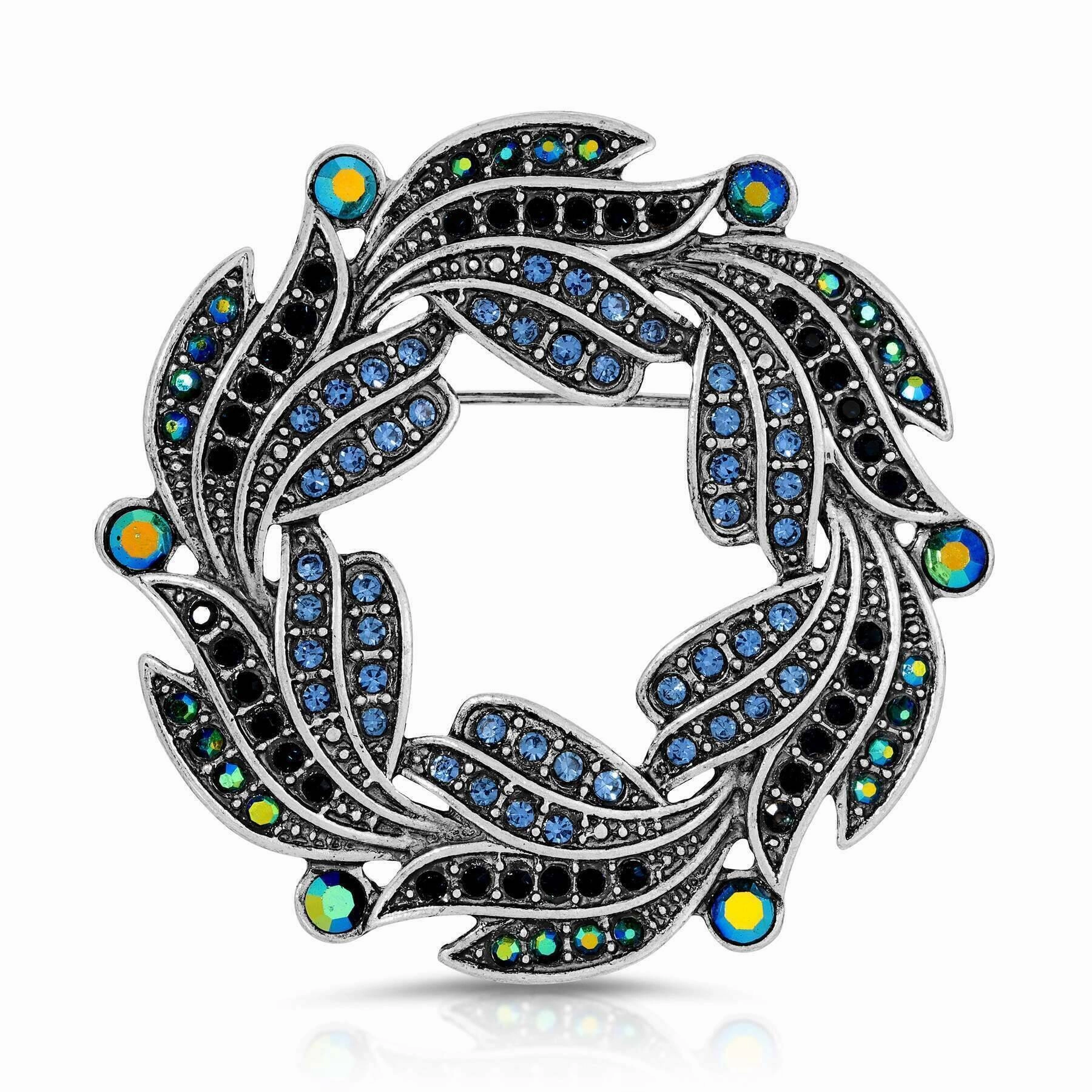 Regency Giovane Iridescent AB Crystal & Blue Stone Wreath Brooch