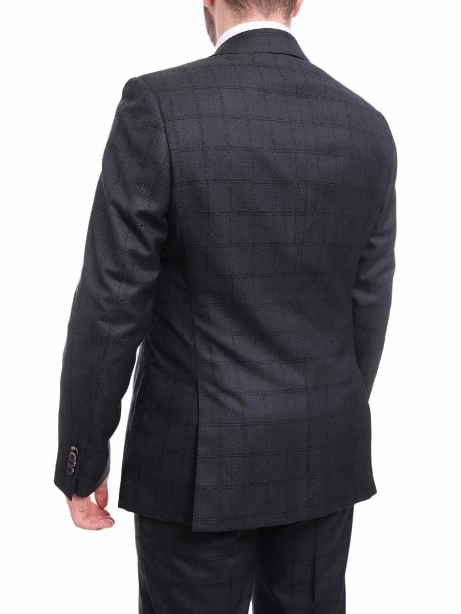 Robert Graham Modern Fit Navy Blue Windowpane Two Button Wool Silk Blend Suit