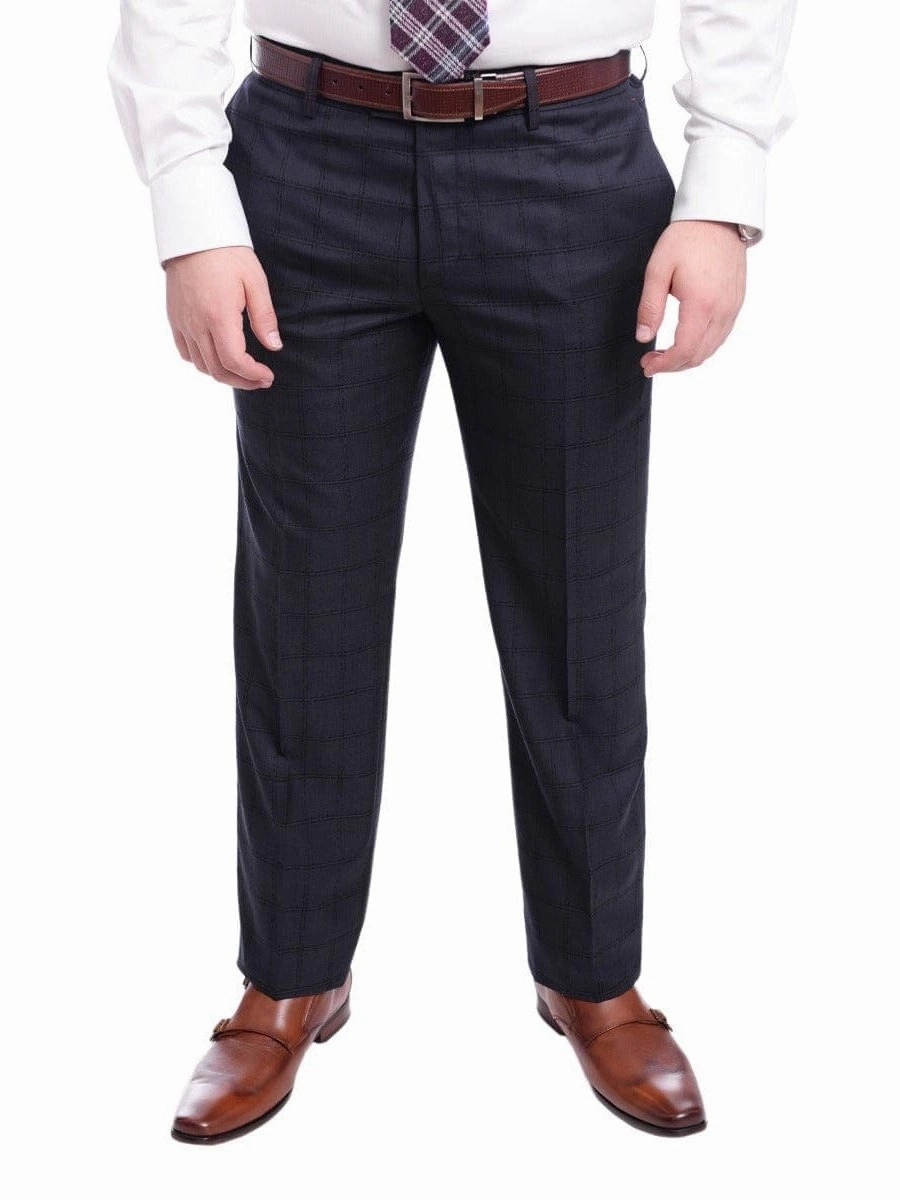 Robert Graham Modern Fit Navy Blue Windowpane Two Button Wool Silk Blend Suit